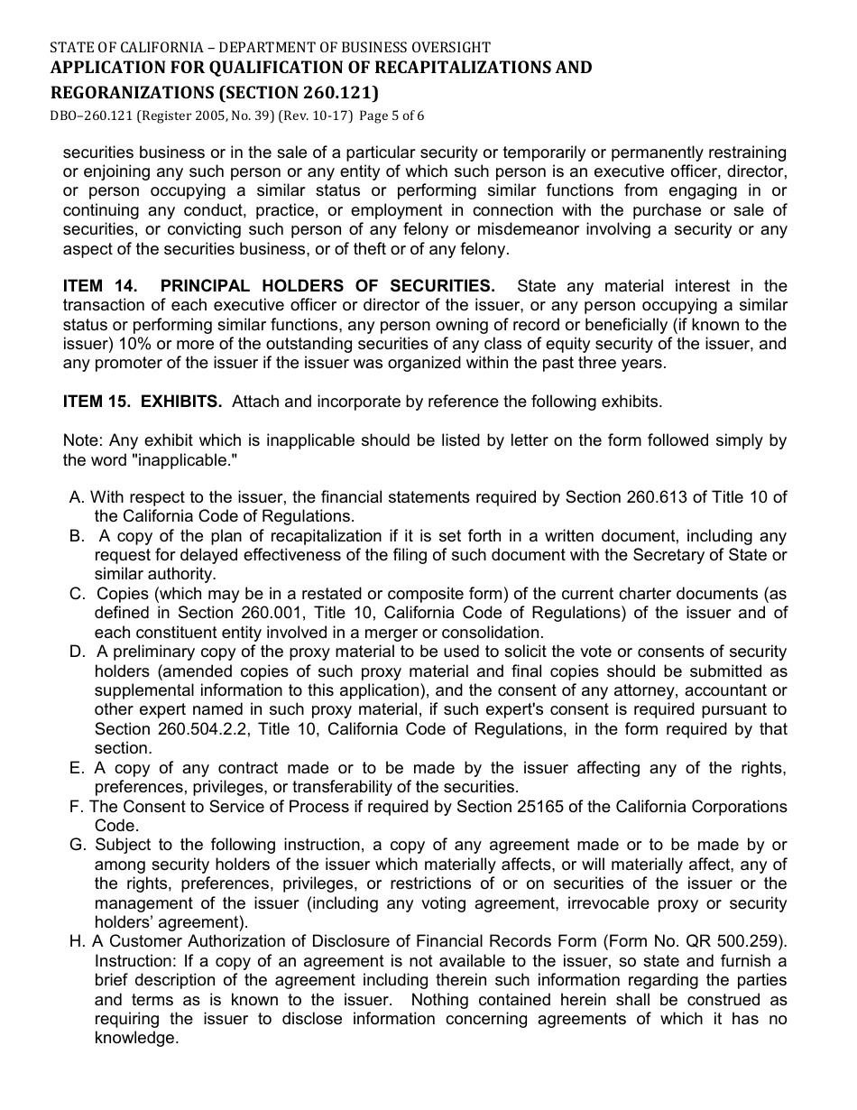 Form DBO-260.121 Application for Qualification of Recapitalizations and Regoranizations (Section 260.121) - California, Page 5