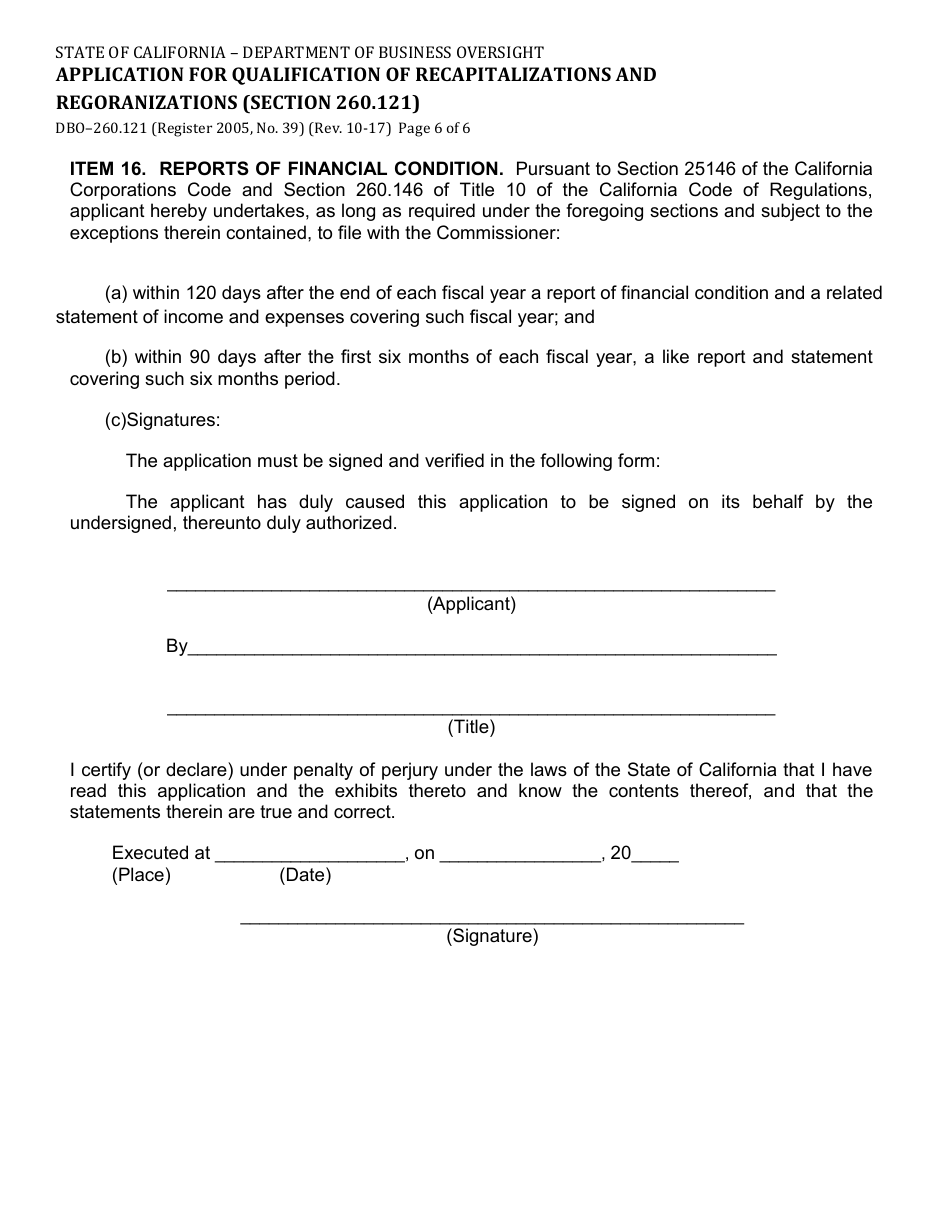 Form DBO-260.121 Application for Qualification of Recapitalizations and Regoranizations (Section 260.121) - California, Page 6