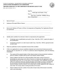 Form DBO-260.141.50 Application for Removal of Conditions Imposed Pursuant to the Corporate Securities Law of 1968 - California