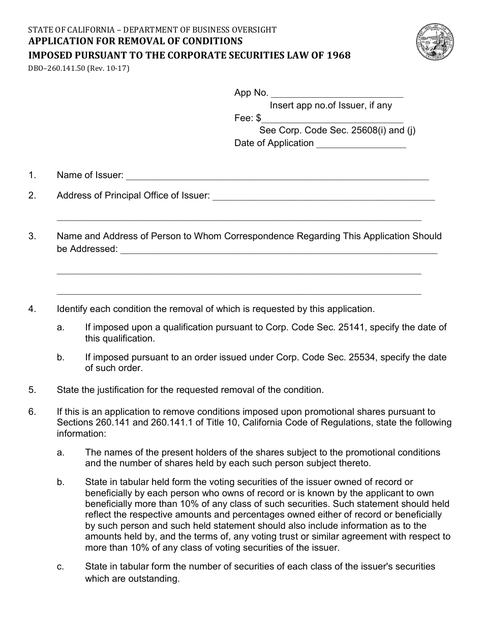 Form DBO-260.141.50 Application for Removal of Conditions Imposed Pursuant to the Corporate Securities Law of 1968 - California, Page 1