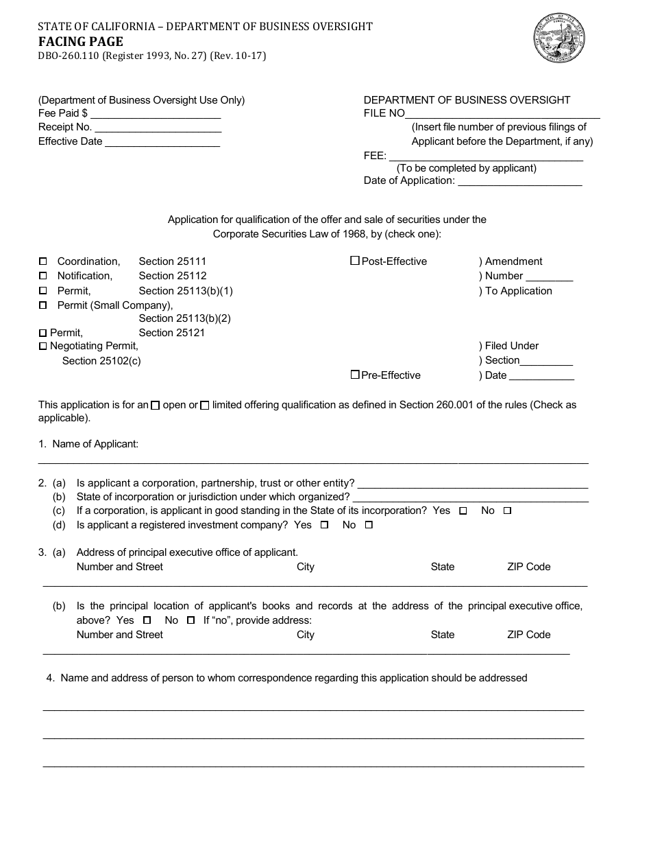 Form DBO-260.110 Facing Page - California, Page 1