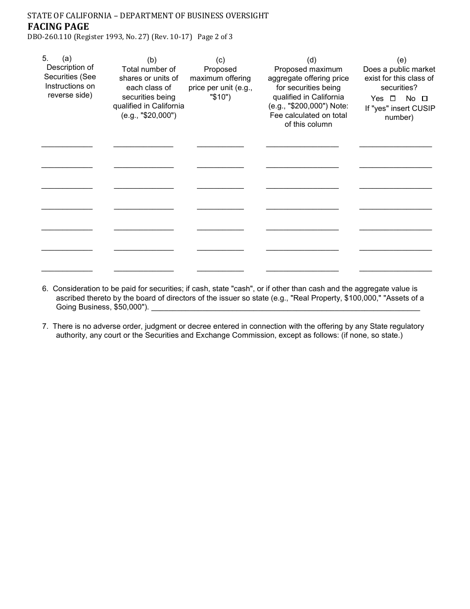 Form DBO-260.110 Facing Page - California, Page 2