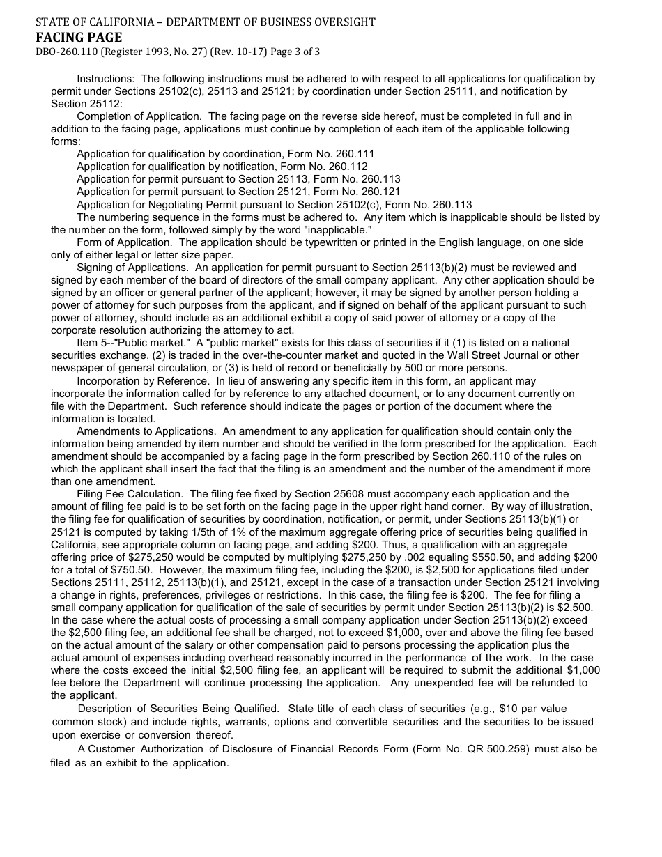Form DBO-260.110 Facing Page - California, Page 3