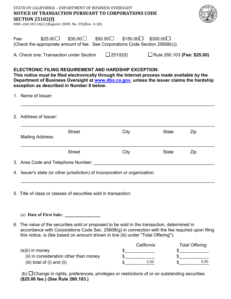 Form DBO-260.102.14(C) Notice of Transaction Pursuant to Corporations Code Section 25102(F) - California, Page 1