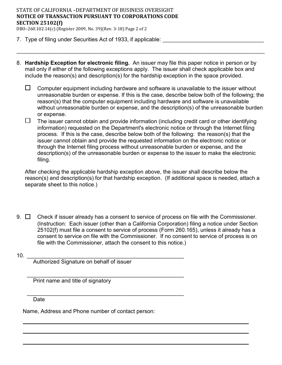 Form DBO-260.102.14(C) Notice of Transaction Pursuant to Corporations Code Section 25102(F) - California, Page 2