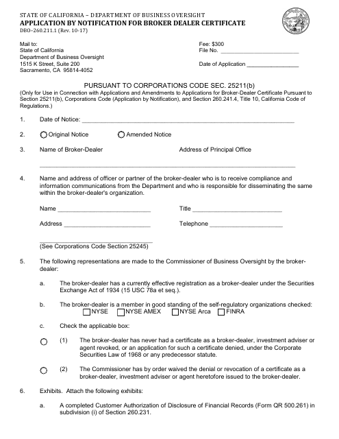 Form DBO-260.211.1 Application by Notification for Broker Dealer Certificate - California