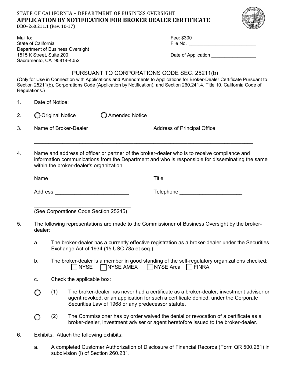 Form DBO-260.211.1 Application by Notification for Broker Dealer Certificate - California, Page 1