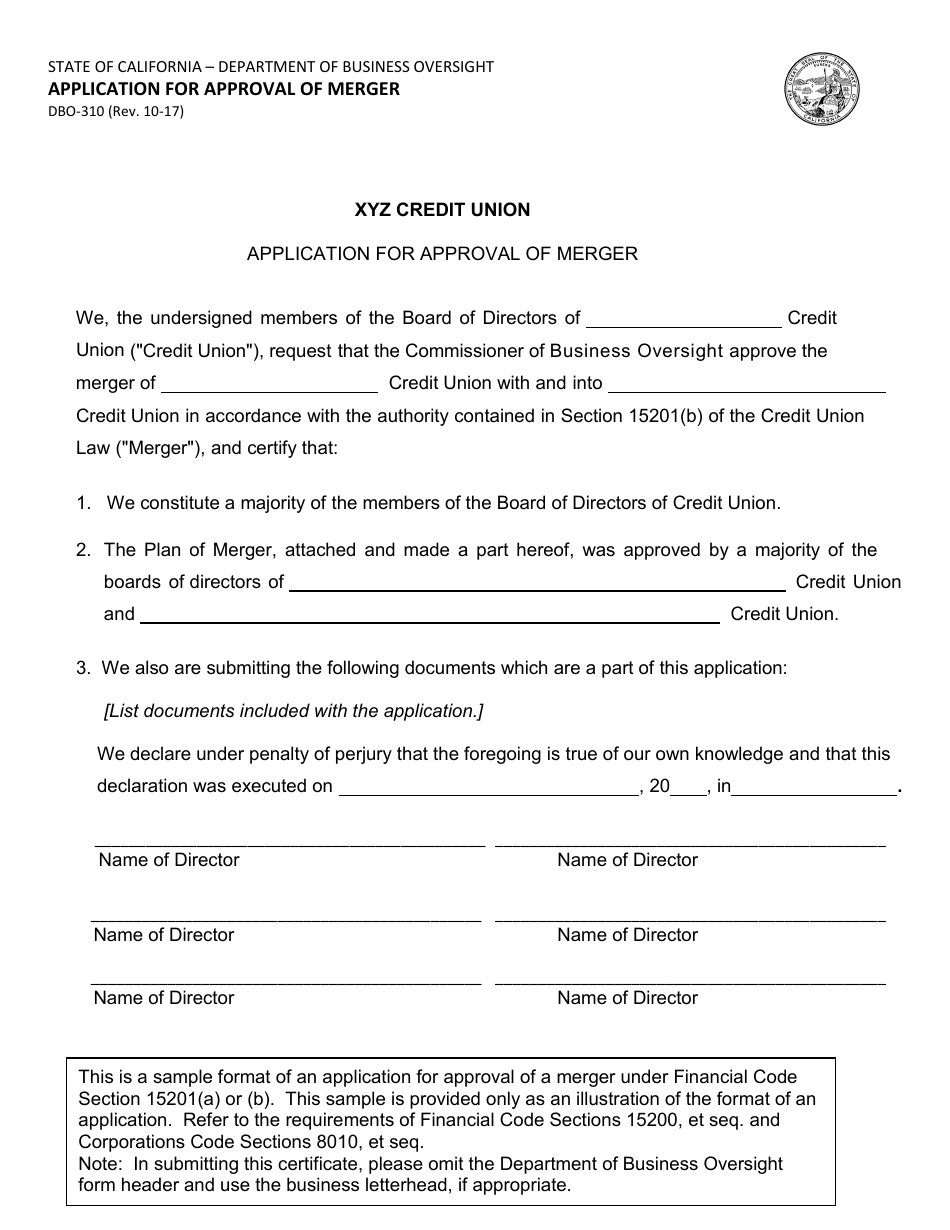 Form DBO-310 Application for Approval of Merger - California, Page 1