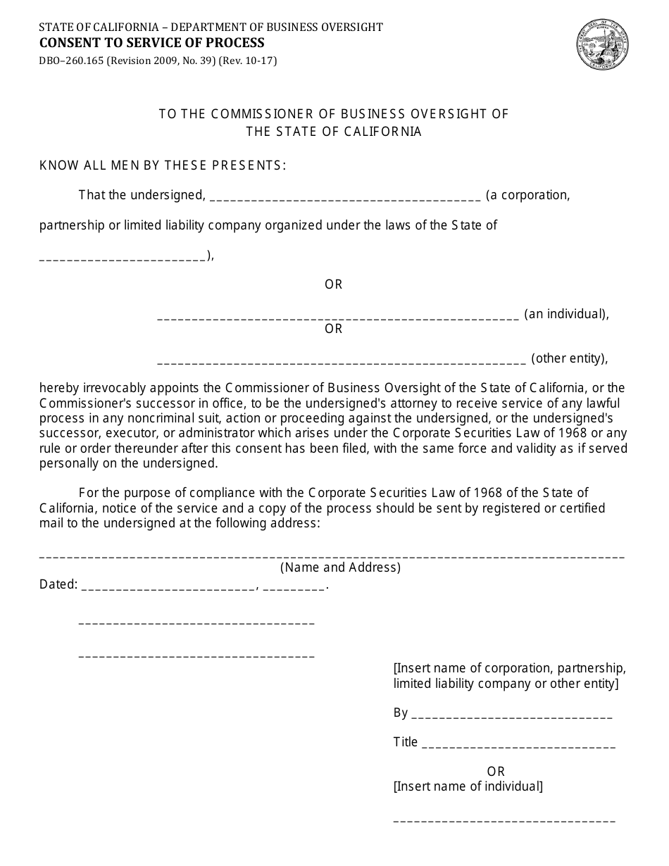 Form DBO-260.165 Consent to Service of Process - California, Page 1