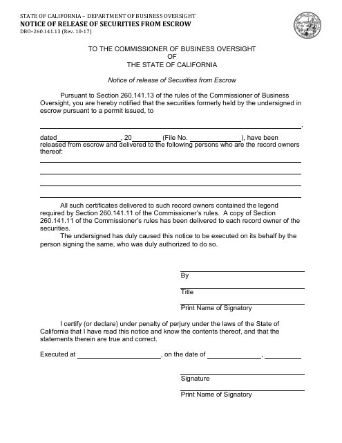 Form DBO-260.141.13 Notice of Release of Securities From Escrow - California