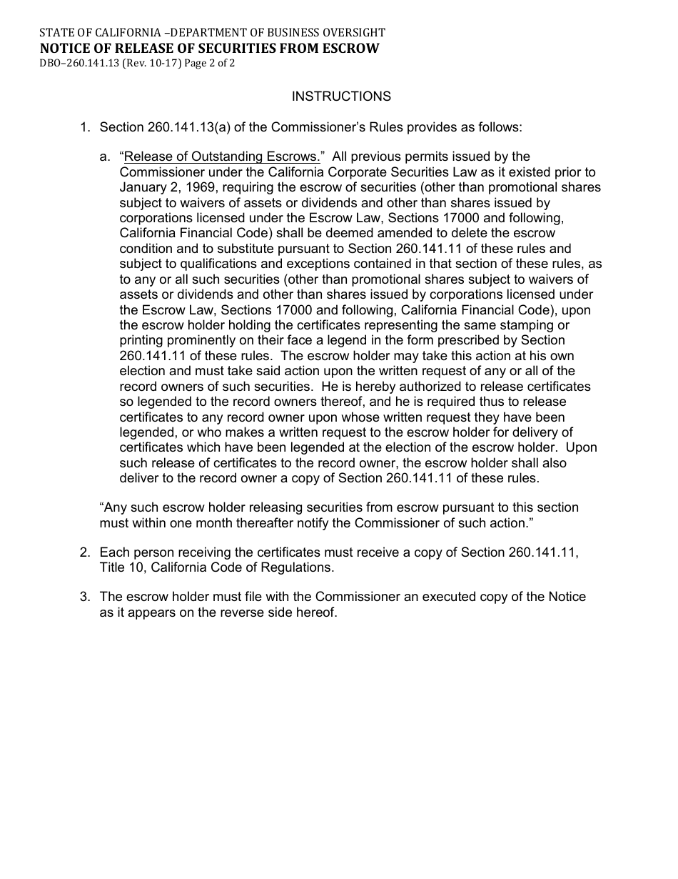 Form DBO-260.141.13 Notice of Release of Securities From Escrow - California, Page 2