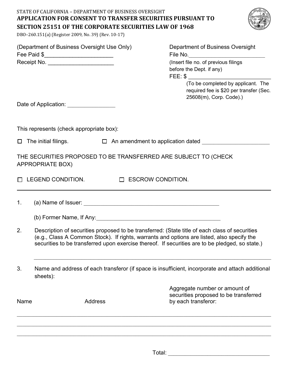Form DBO-260.151(A) Application for Consent to Transfer Securities Pursuant to Section 25151 of the Corporate Securities Law of 1968 - California, Page 1
