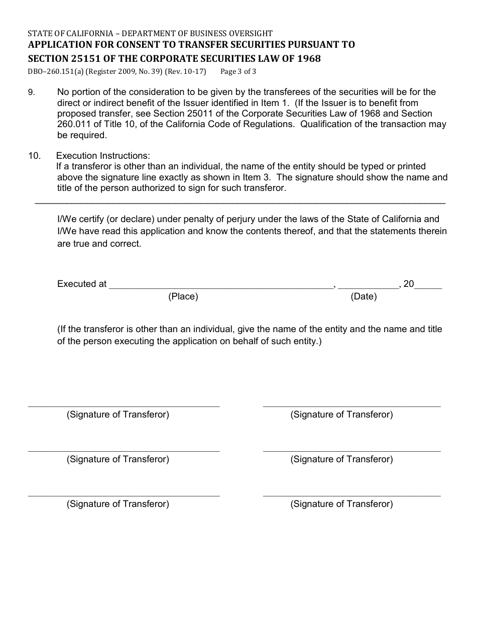 Form DBO-260.151(A) Application for Consent to Transfer Securities Pursuant to Section 25151 of the Corporate Securities Law of 1968 - California, Page 3