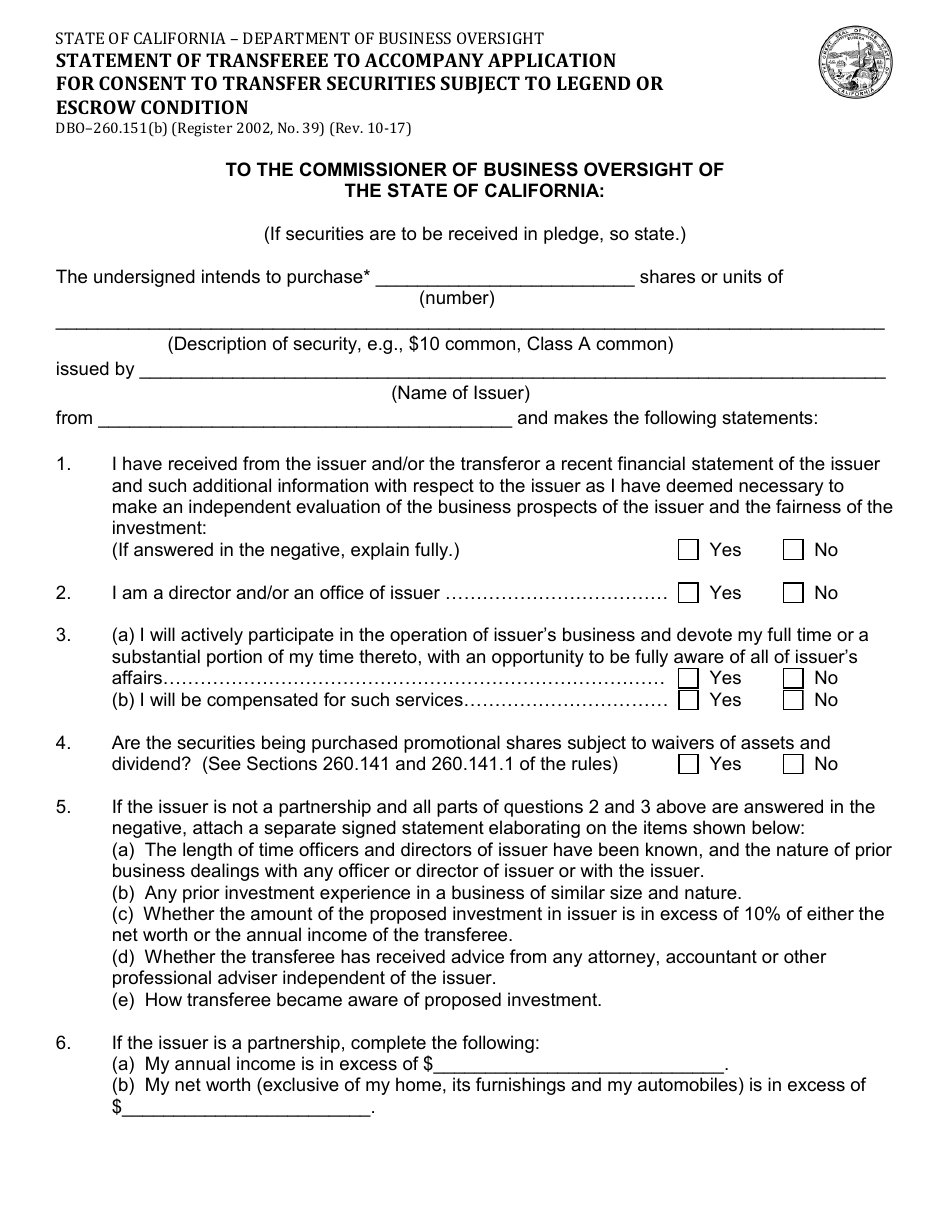 Form DBO-260.151(B) Statement of Transferee to Accompany Application for Consent to Transfer Securities Subject to Legend or Escrow Condition - California, Page 1