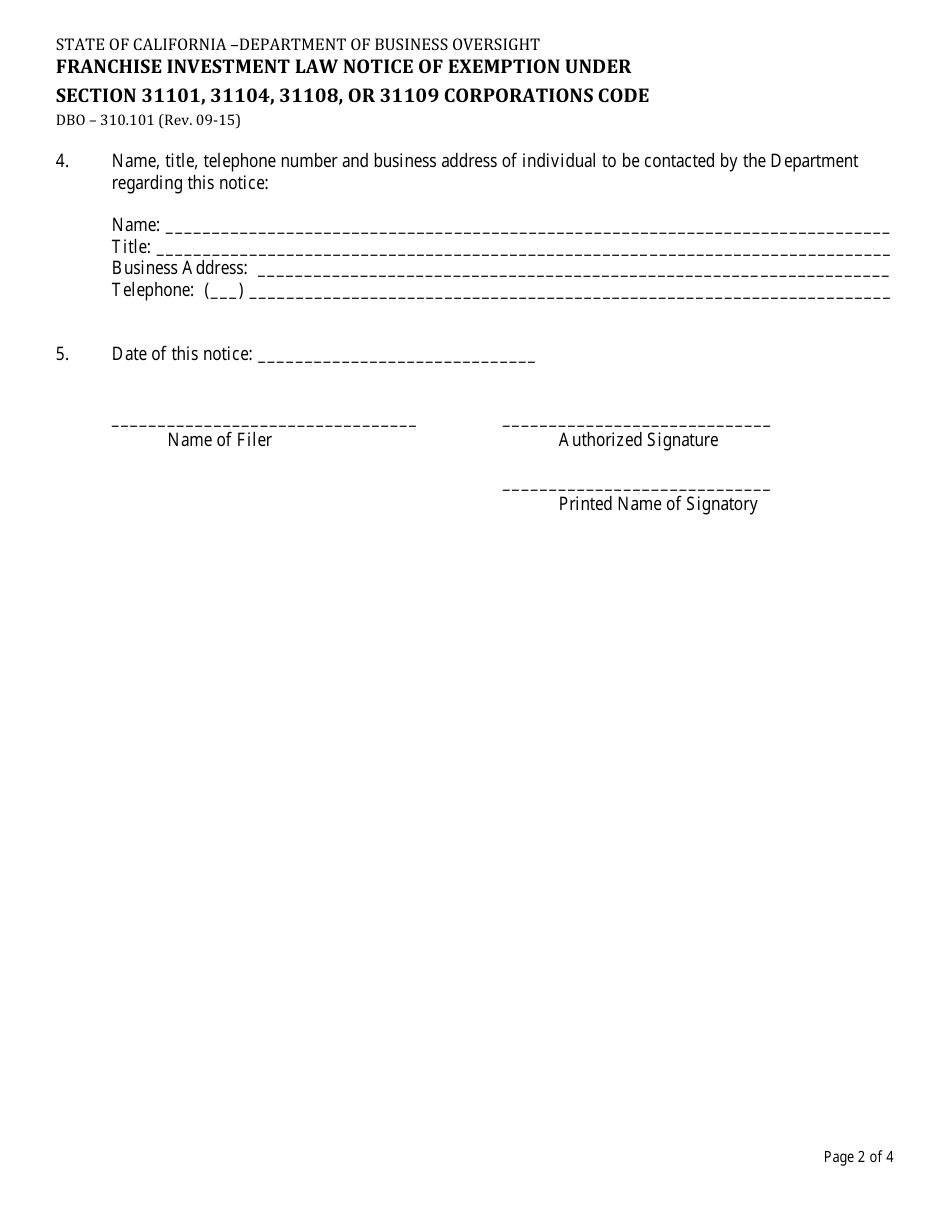 Form DBO-310.101 Franchise Investment Law Notice of Exemption Under Section 31101, 31104, 31108, or 31109 Corporations Code - California, Page 2