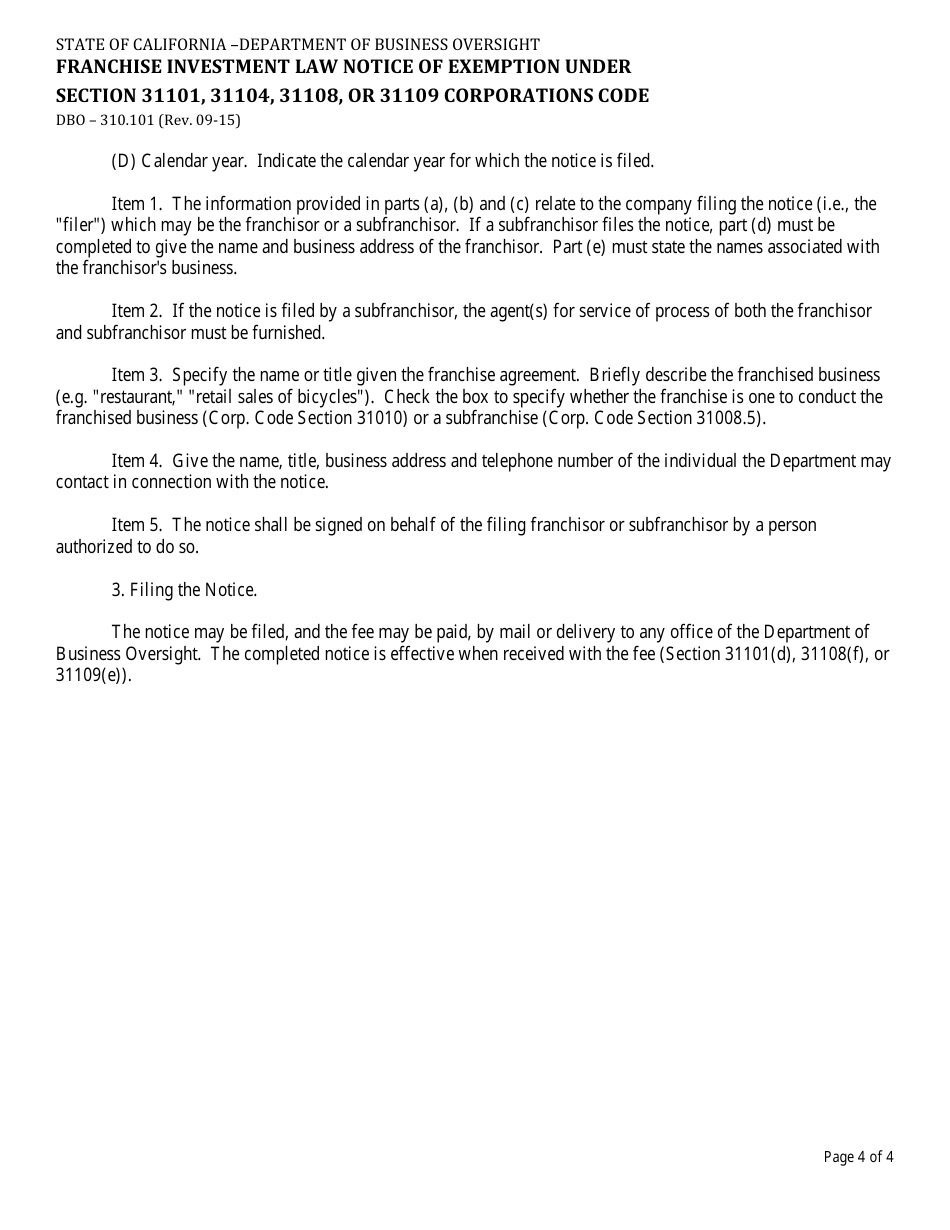 Form DBO-310.101 Franchise Investment Law Notice of Exemption Under Section 31101, 31104, 31108, or 31109 Corporations Code - California, Page 4