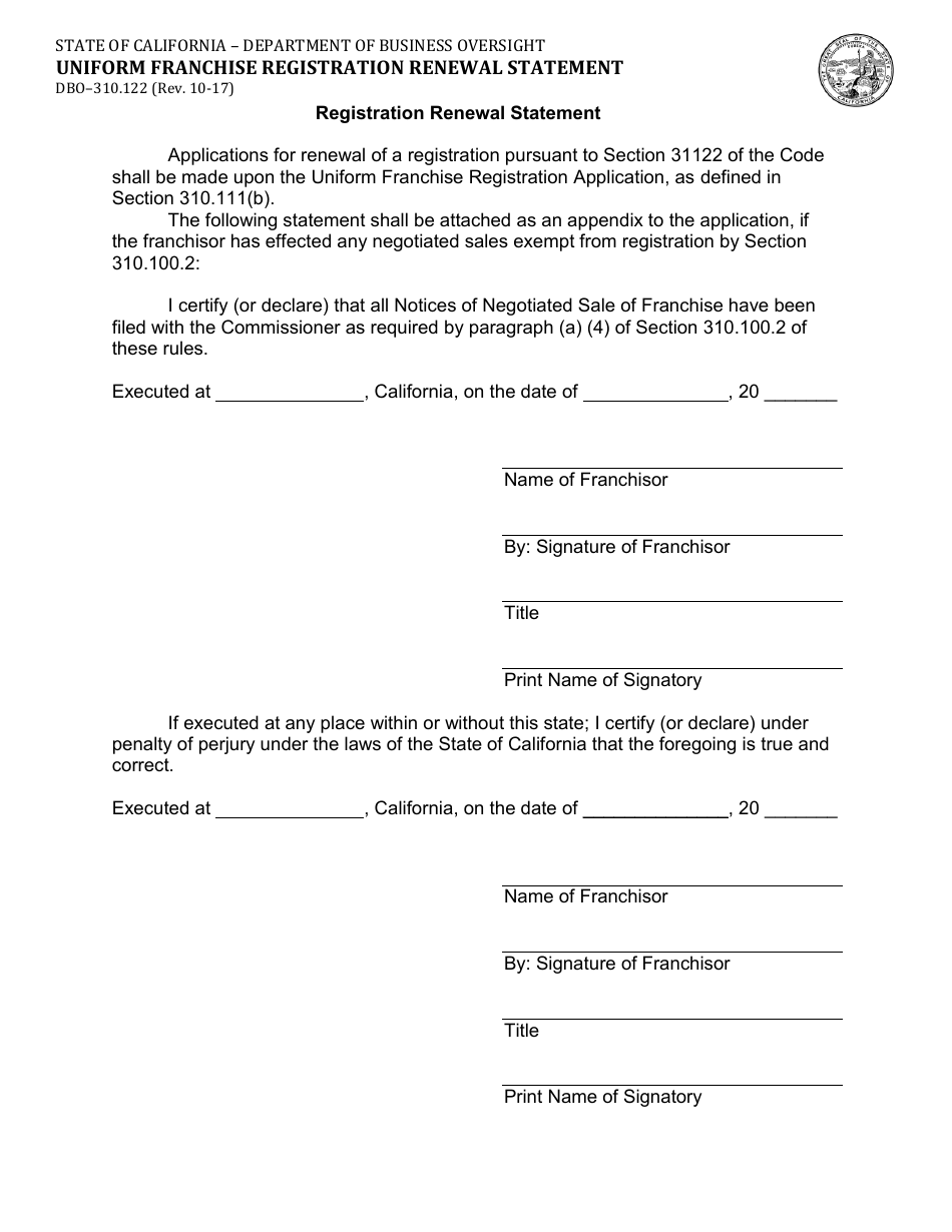 Form DBO-310.122 Uniform Franchise Registration Renewal Statement - California, Page 1
