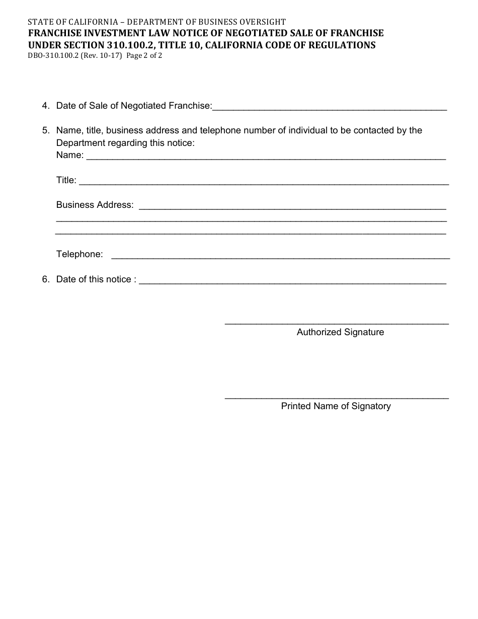 Form DBO-310.100.2 Franchise Investment Law Notice of Negotiated Sale of Franchise Under Section 310.100.2, Title 10, California Code of Regulations - California, Page 2