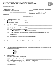 Form DBO-310.106 Notice of a Transaction Exempt Under Corporations Code Section 31106 - California