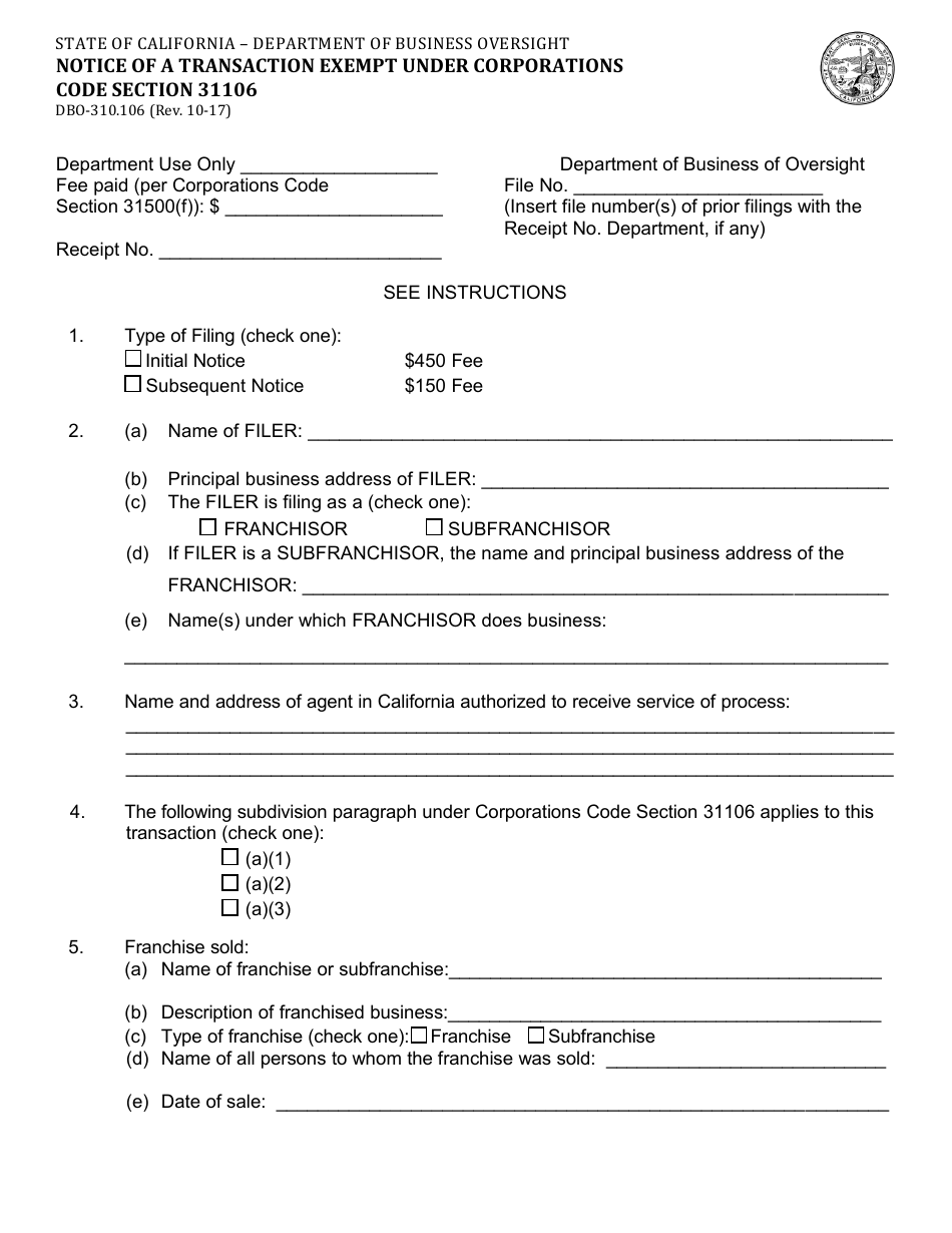 Form DBO-310.106 Notice of a Transaction Exempt Under Corporations Code Section 31106 - California, Page 1