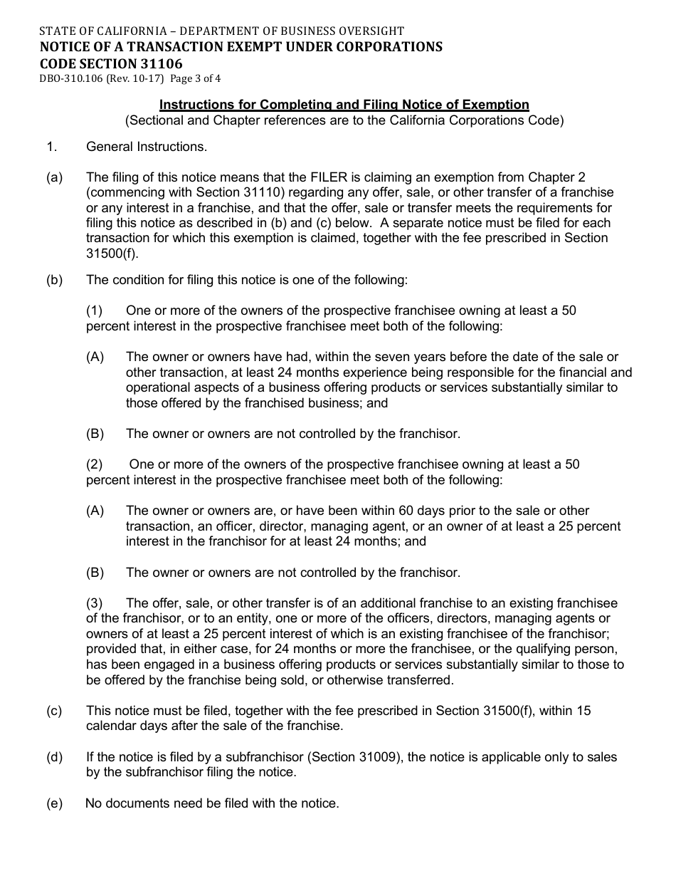 Form DBO-310.106 Notice of a Transaction Exempt Under Corporations Code Section 31106 - California, Page 3