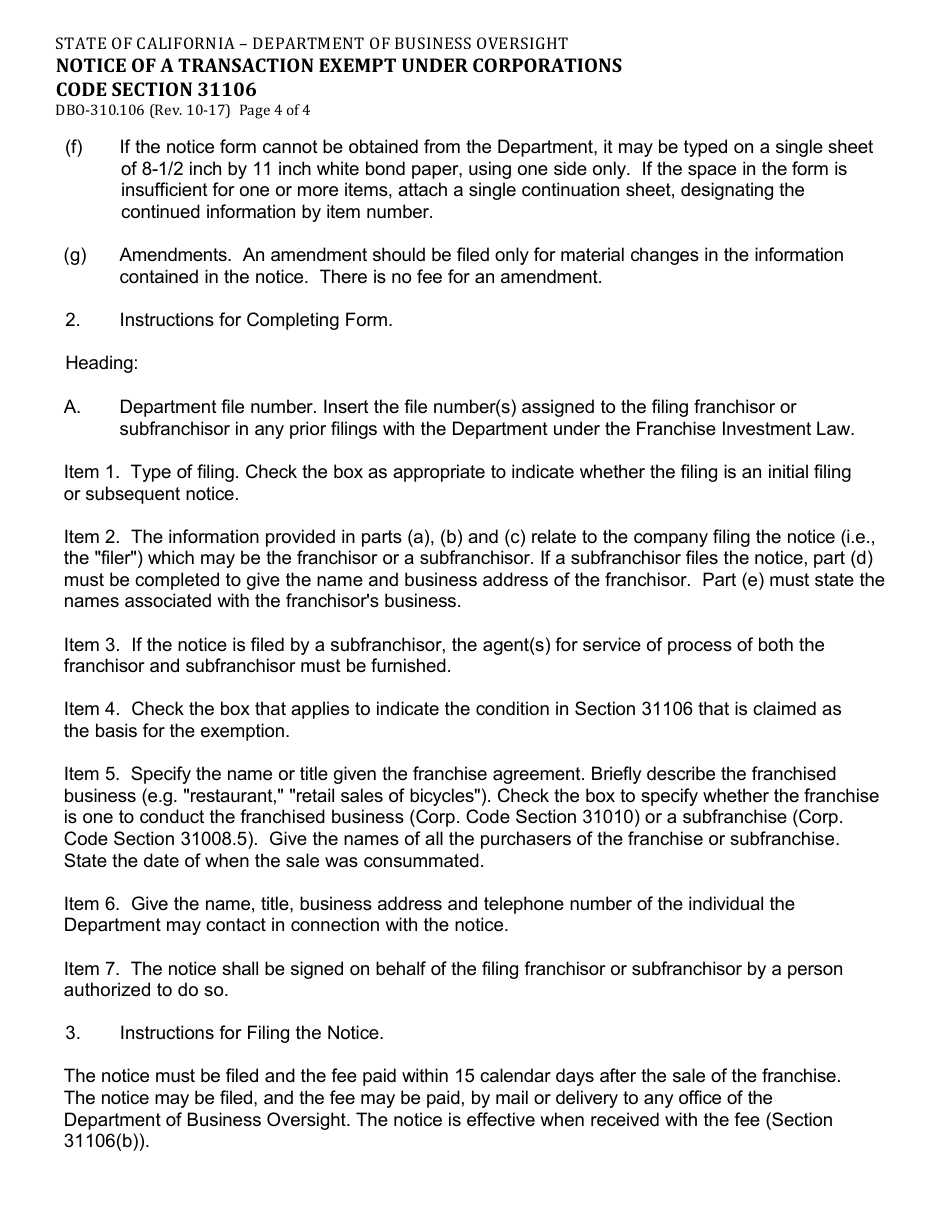 Form DBO-310.106 Notice of a Transaction Exempt Under Corporations Code Section 31106 - California, Page 4