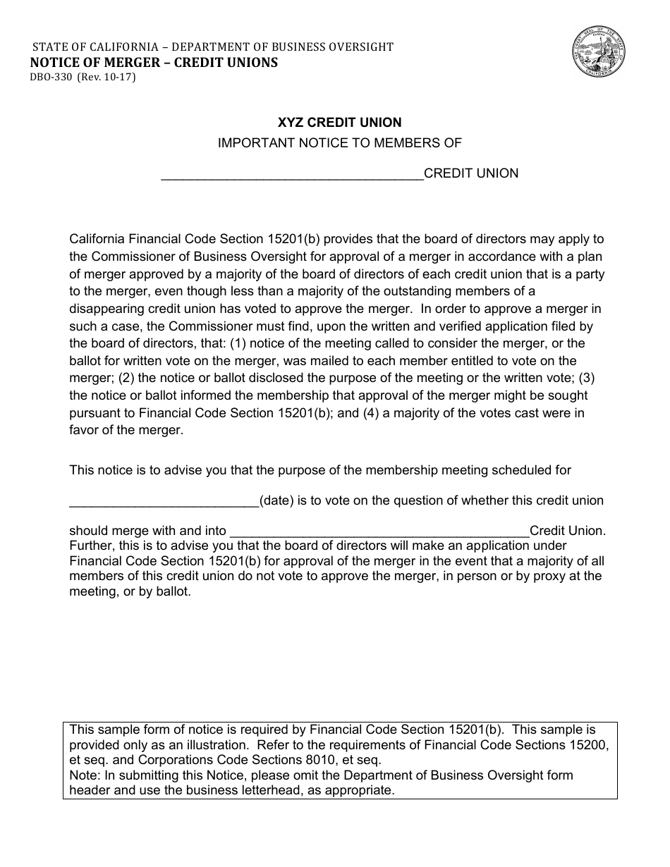Form DBO-330 Notice of Merger - Credit Unions - California, Page 1