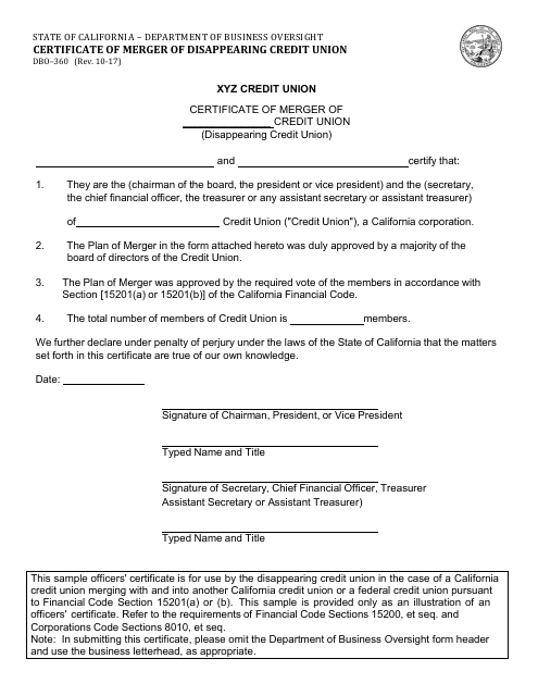 Form DBO-360 Certificate of Merger of Disappearing Credit Union - California
