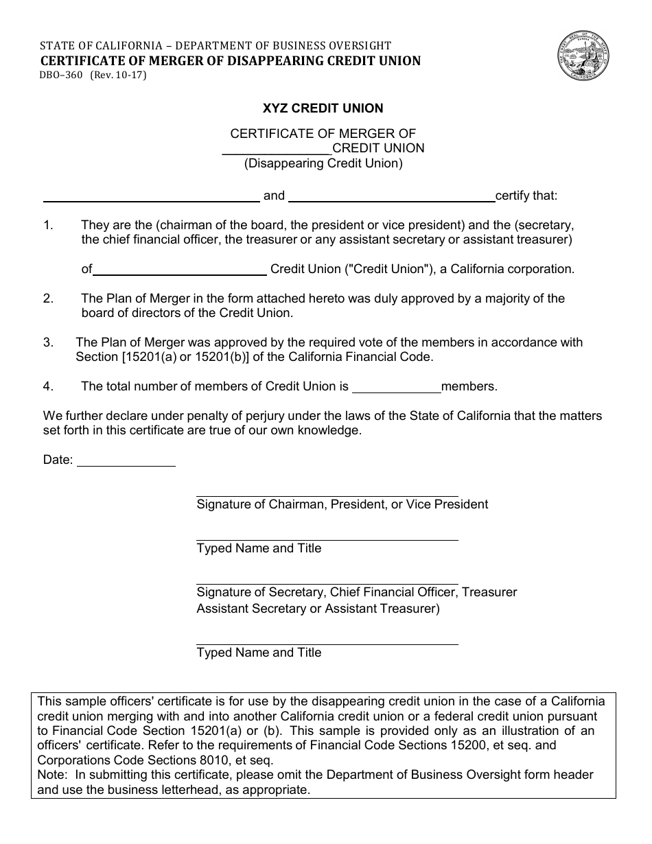 Form DBO-360 Certificate of Merger of Disappearing Credit Union - California, Page 1
