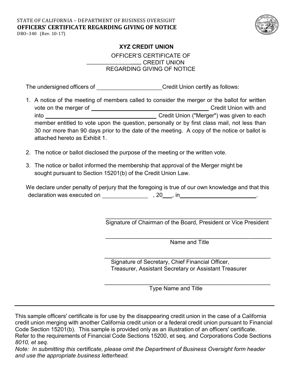 Form DBO-340 Officers Certificate Regarding Giving of Notice - Credit Unions - California, Page 1
