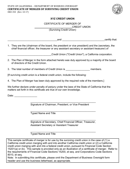 Form DBO-350 Certificate of Merger of Surviving Credit Union - Sample - California