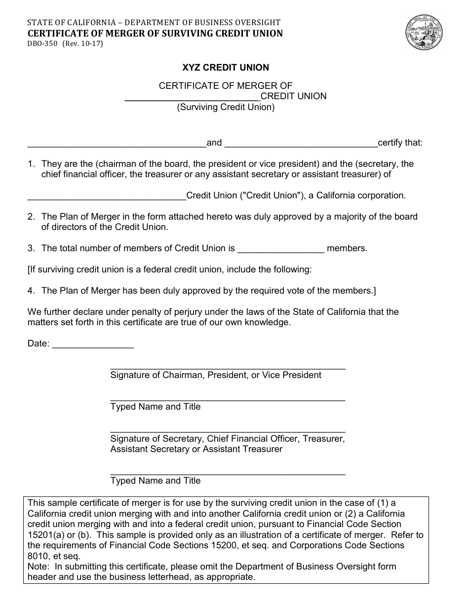 Form DBO-350 Certificate of Merger of Surviving Credit Union - Sample - California, Page 1
