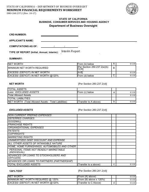 Form DBO-260.237.2 Minimum Financial Requirements Worksheet - California