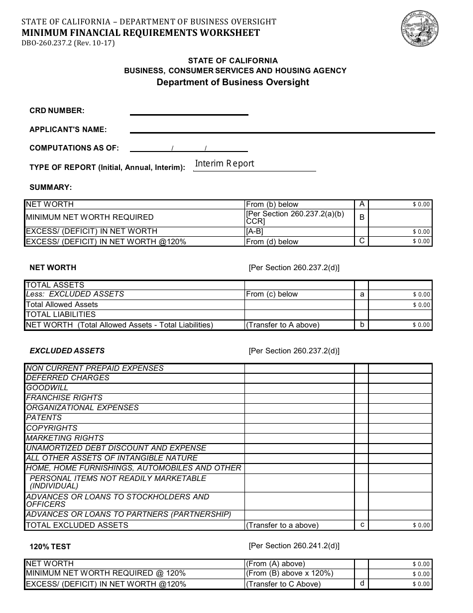 Form DBO-260.237.2 Minimum Financial Requirements Worksheet - California, Page 1