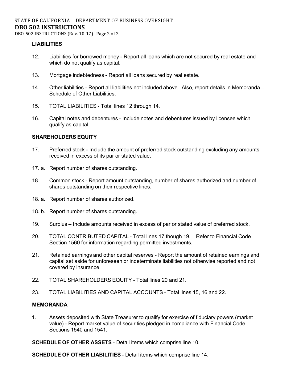 Instructions for Form DBO-502 Trust Company Consolidated Report of Condition - California, Page 2
