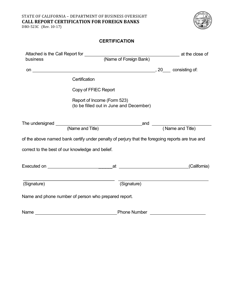 Form DBO-523C Call Report Certification for Foreign Banks - California, Page 1