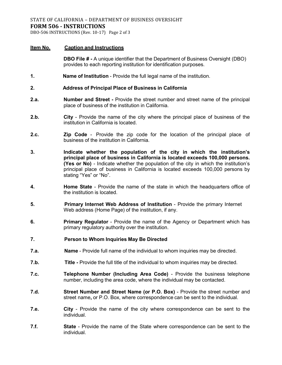 Instructions for Form DBO-506 Schedule U Report on Fiduciary Activities in California and Related Security Deposited With the State Treasurer of California - California, Page 2