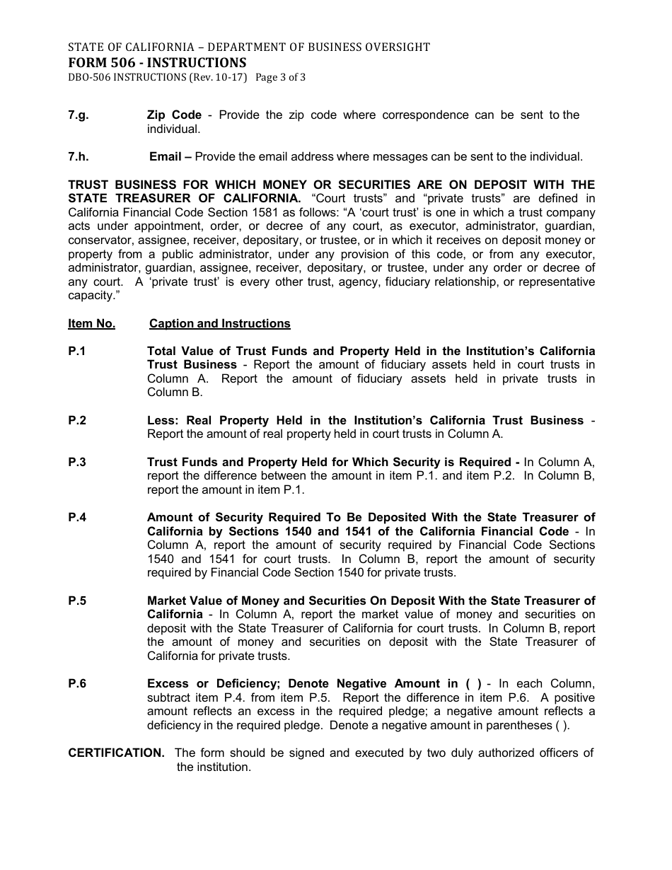 Instructions for Form DBO-506 Schedule U Report on Fiduciary Activities in California and Related Security Deposited With the State Treasurer of California - California, Page 3