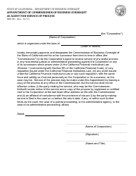 Document preview: Form DBO-706 Appointment of Commissioner of Business Oversight as Agent for Service of Process - California