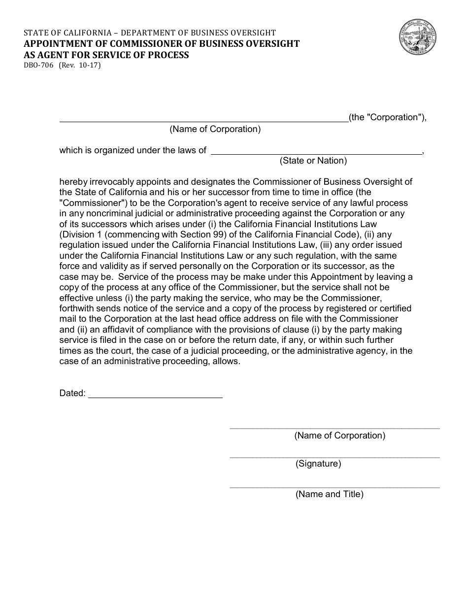 Form DBO-706 Appointment of Commissioner of Business Oversight as Agent for Service of Process - California, Page 1