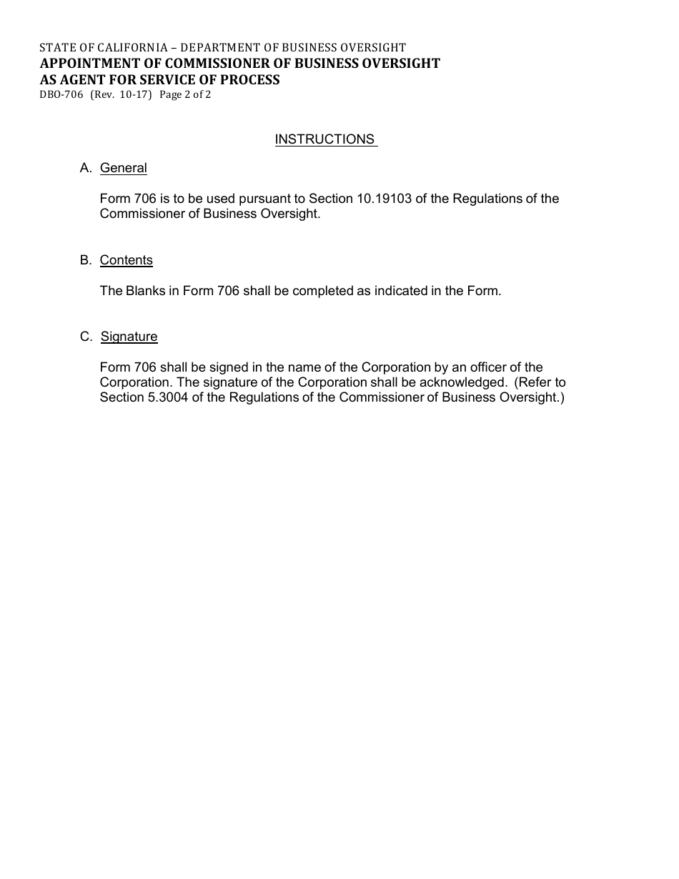 Form DBO-706 Appointment of Commissioner of Business Oversight as Agent for Service of Process - California, Page 2