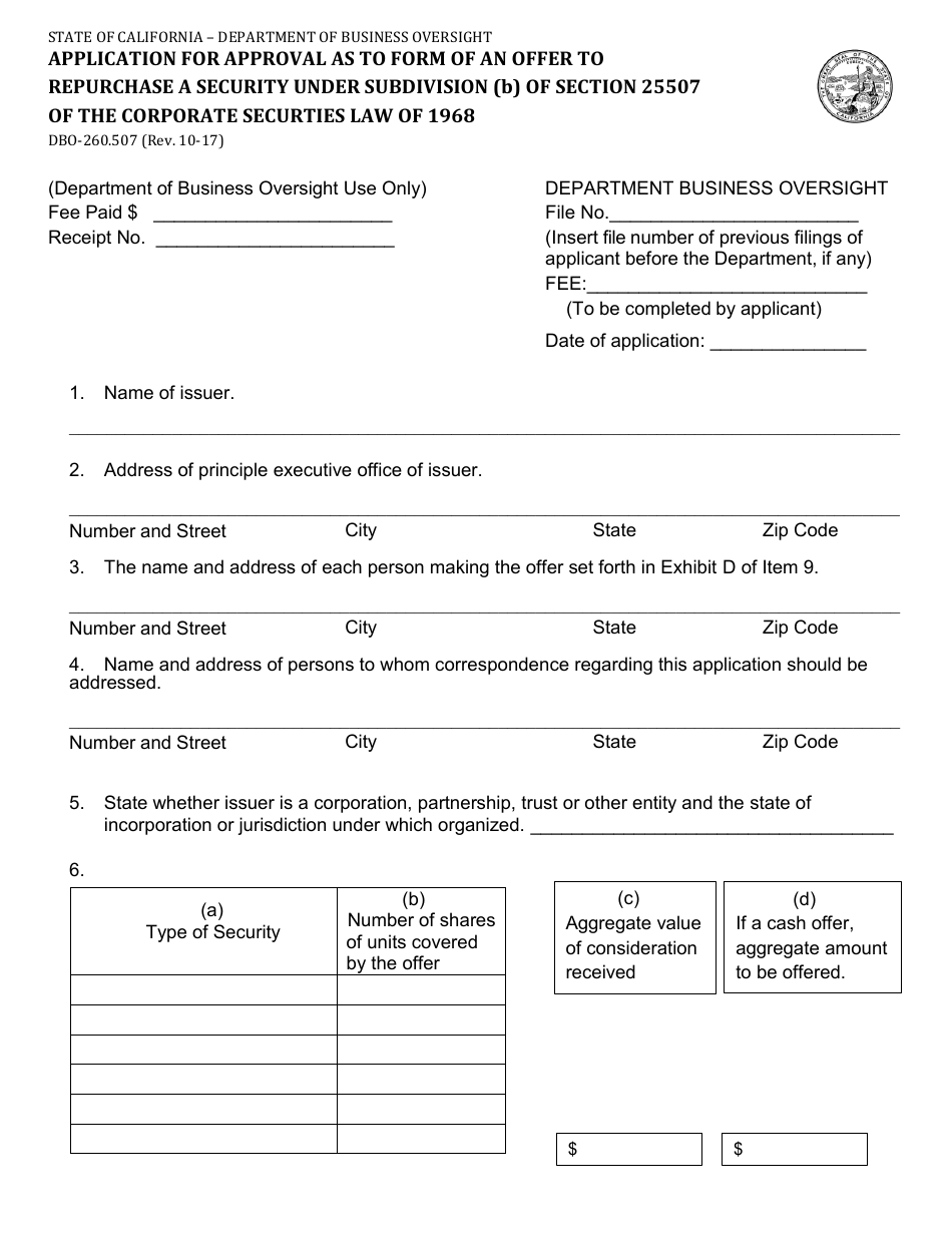 Form DBO-260.507 Application for Approval as to Form of an Offer to Repurchase a Security Under Subdivision (B) of Section 25507 of the Corporate Securties Law of 1968 - California, Page 1
