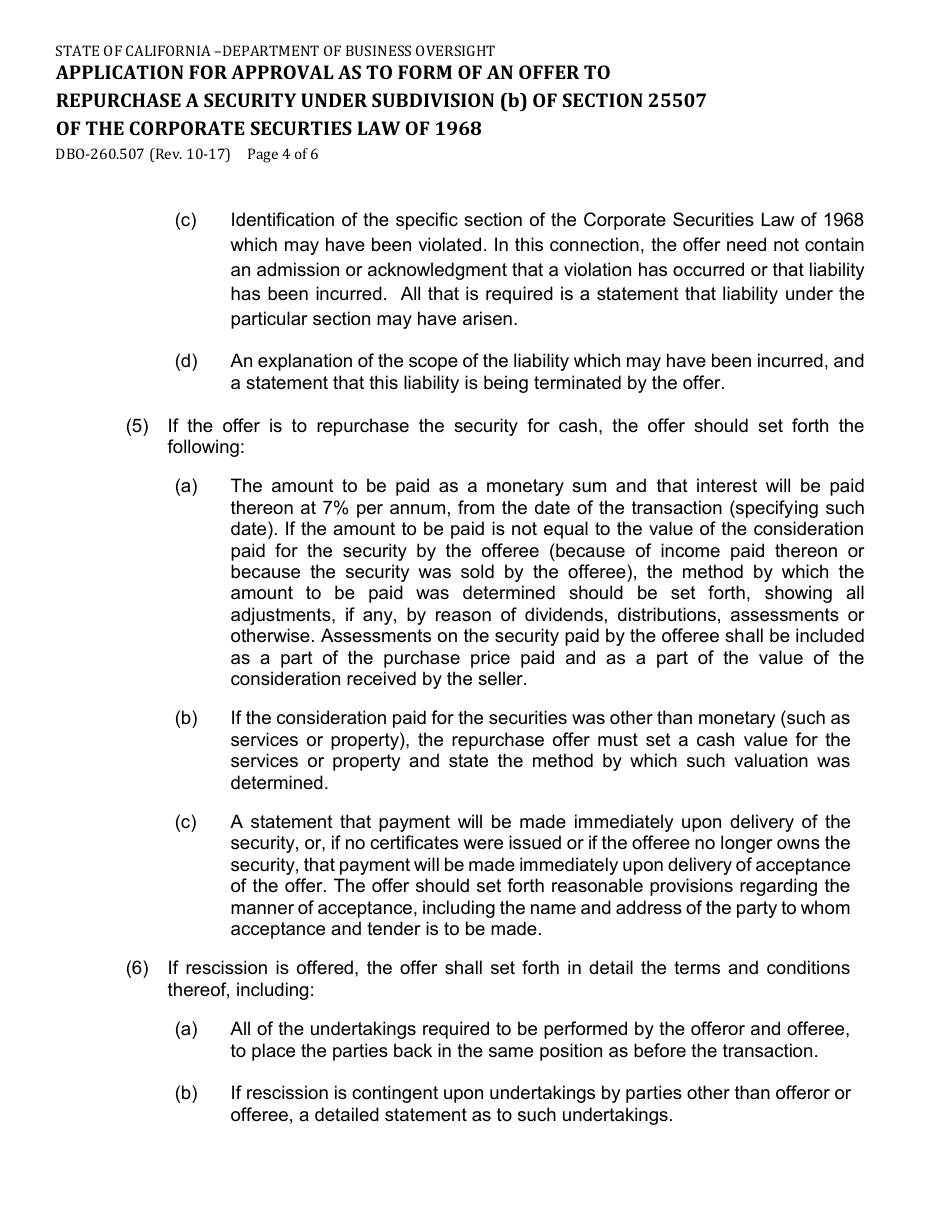 Form DBO-260.507 Application for Approval as to Form of an Offer to Repurchase a Security Under Subdivision (B) of Section 25507 of the Corporate Securties Law of 1968 - California, Page 4