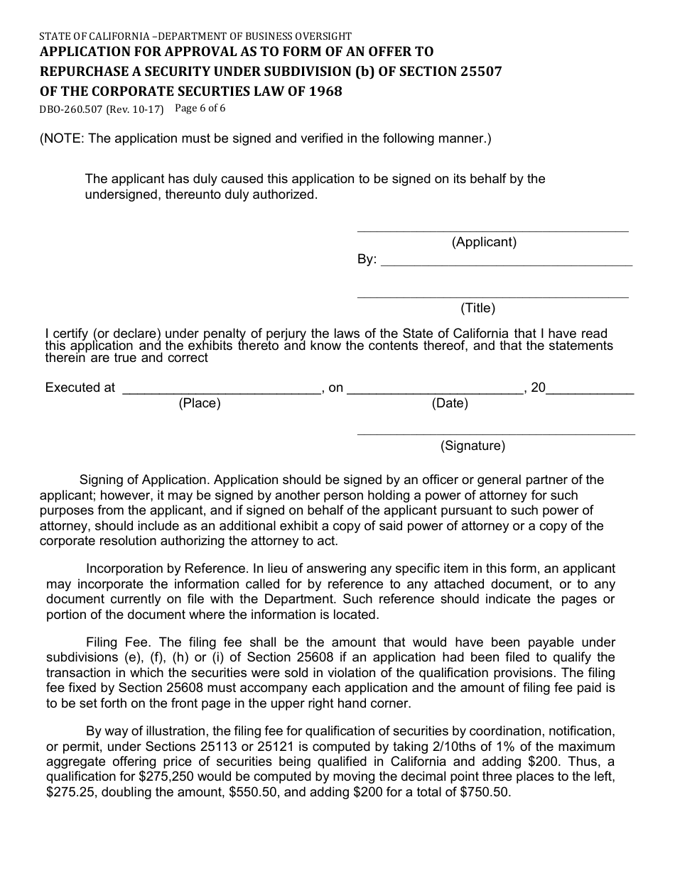 Form DBO-260.507 Application for Approval as to Form of an Offer to Repurchase a Security Under Subdivision (B) of Section 25507 of the Corporate Securties Law of 1968 - California, Page 6