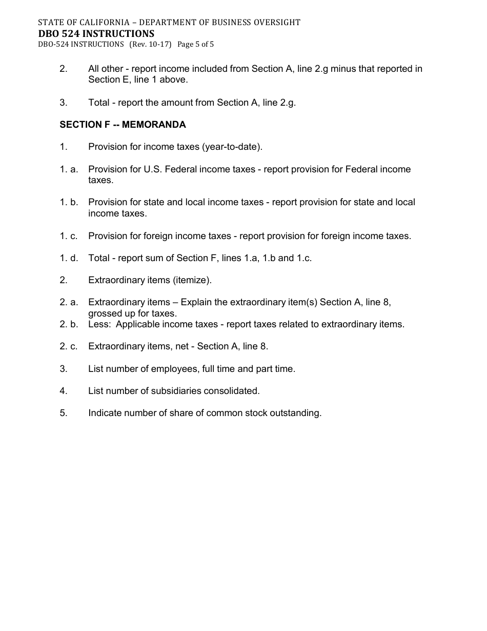 Instructions for Form DBO-524 Trust Company Consolidated Report of Income - California, Page 5