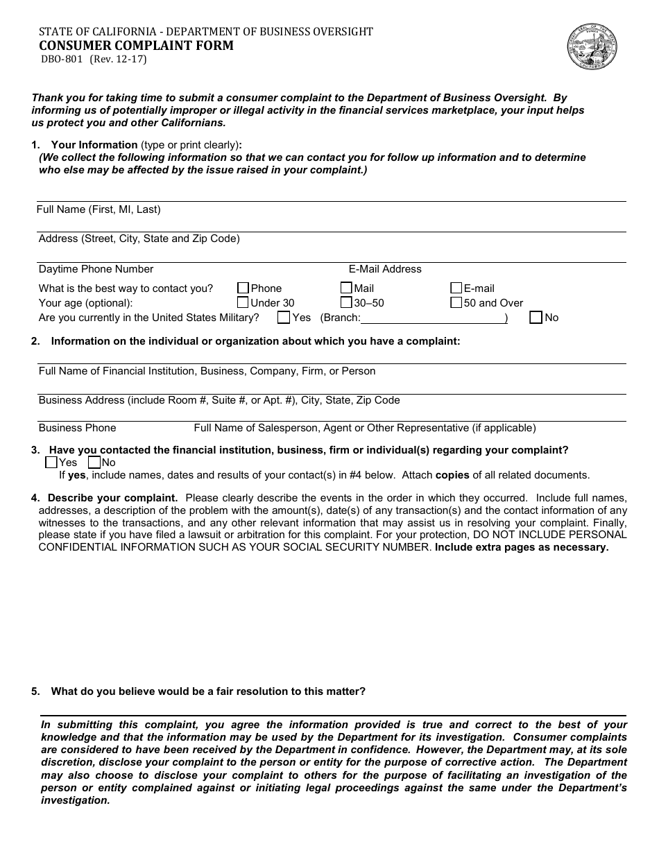 Form DBO-801 Consumer Complaint Form - California, Page 1