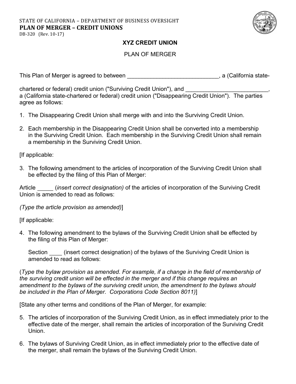 Form DBO-320 Plan of Merger - Credit Unions - California, Page 1