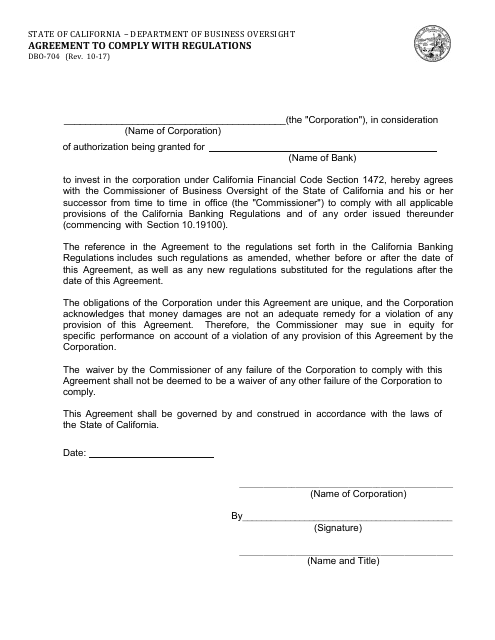 Form DBO-704 Agreement to Comply With Regulations - California