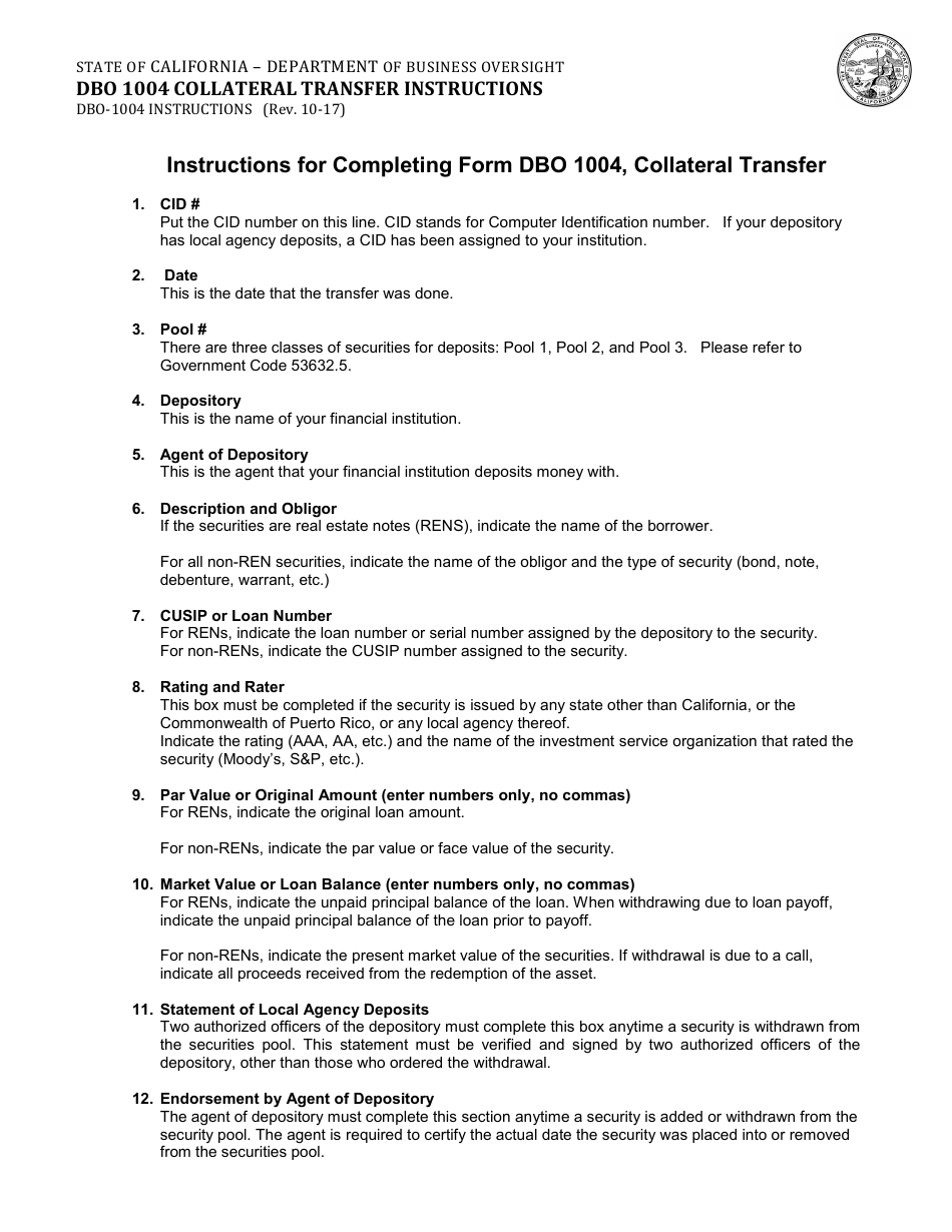 Instructions for Form DBO-1004 Local Agency Security Program Collateral Transfer - California, Page 1