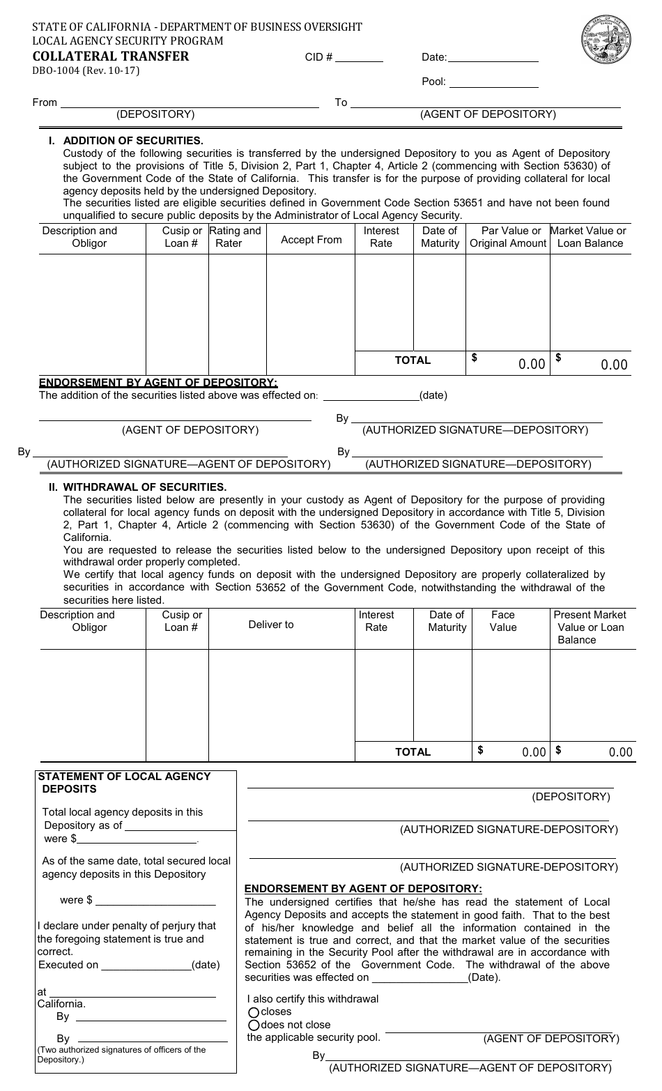 Form DBO-1004 Collateral Transfer - Local Agency Security Program - California, Page 1